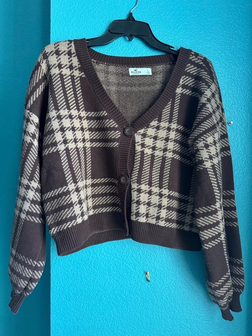 Hollister Brown and Cream Plaid V‑Neck Cardigan